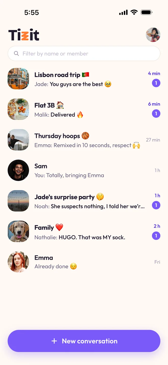 The Tizzit chat list: Lisbon road trip, Flat 3B, Thursday hoops, Jade's surprise party, Family, and a “New conversation” button.
