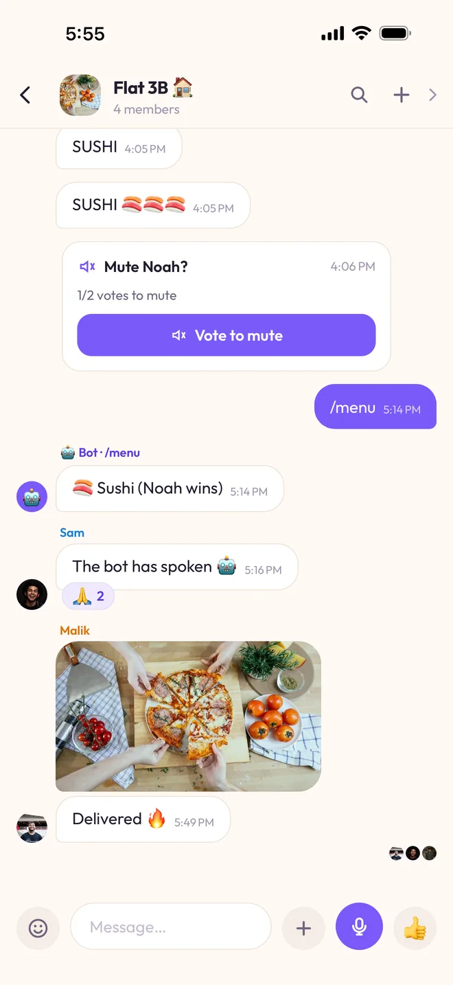 The “Flat 3B” chat: the /menu command sent, the bot answering “Sushi (Noah wins)”, then a photo of a pizza.