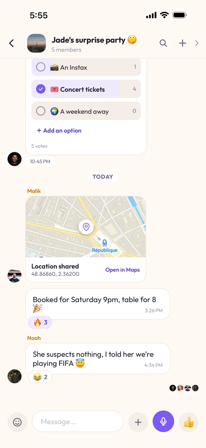 The “Jade's surprise party” chat: a location shared near République on a map, and the message “Booked for Saturday 9pm, table for 8”.