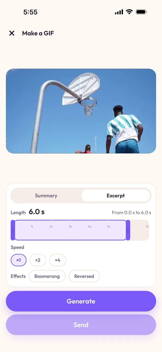 The “Make a GIF” screen: the excerpt picked from a basketball video, a 6-second length, ×1, ×2 or ×4 speed, and the Boomerang and Reversed effects.