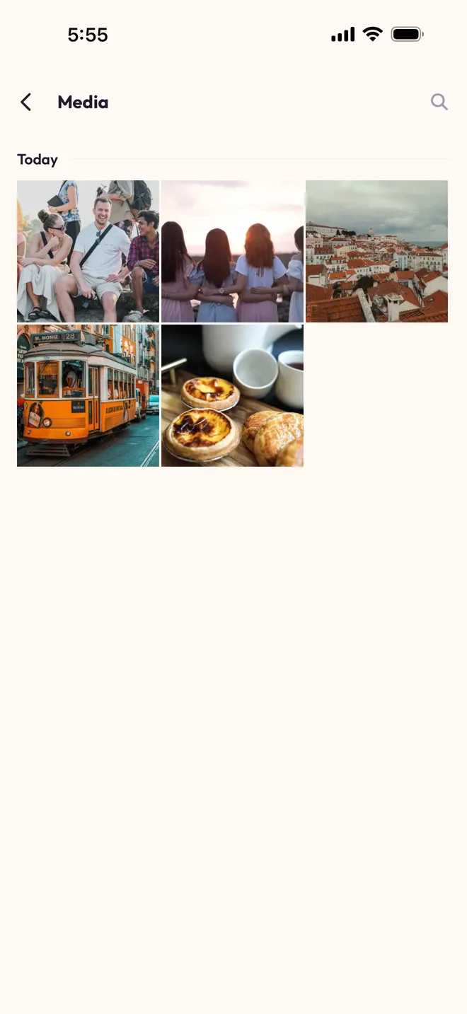 The “Media” screen: the grid of the group's photos — a tram, pastéis de nata, a Lisbon sunset.