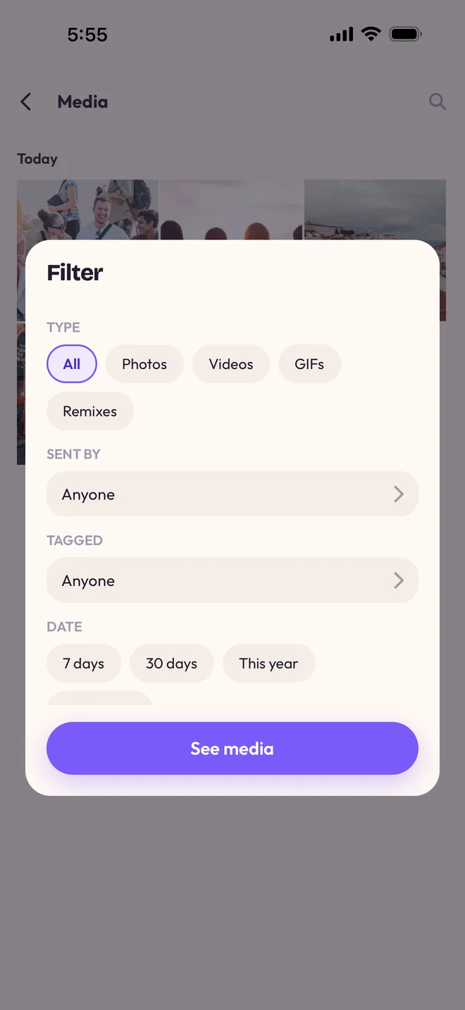 The gallery filters: type (All, Photos, Videos, GIFs, Remixes), sent by, tagged, and date over 7 days, 30 days or this year.